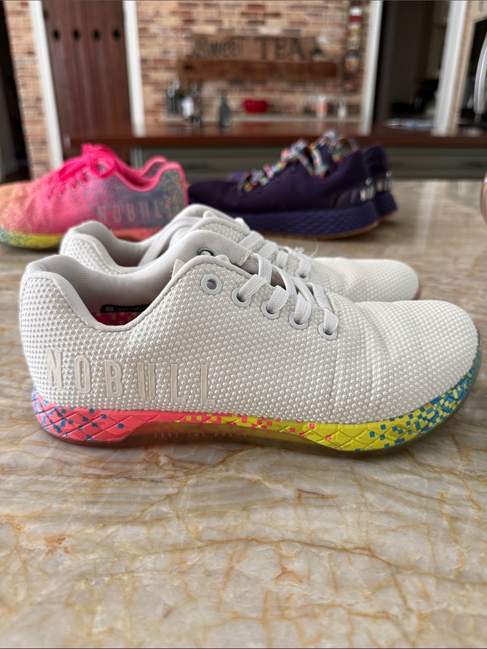 NOBULL White Knit Trainer with Pink-Yellow-Blue Glitch sneakers tennis shoes